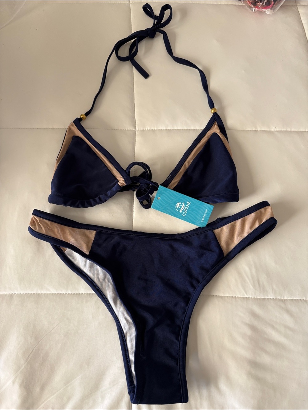 Cupshe Navy and Tan Triangle Bikini Set